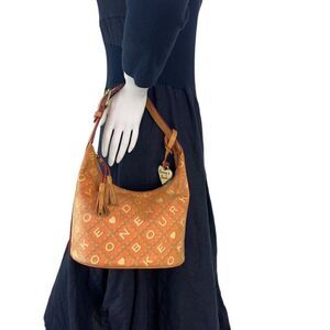 Vintage c.1990's Dooney & Bourke Coated Canvas Orange Logo Mini Bag Heart Charm